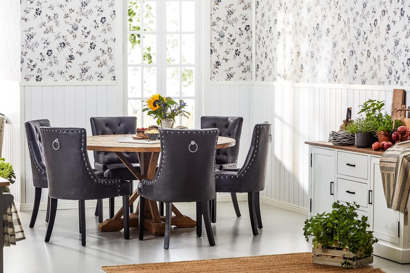 Lyon Rund Spisebordssæt 150 cm med 6 Tuva Stole - Brun Vintage Elm / Sort PU - Møbler - Borde - Spisebordssæt
