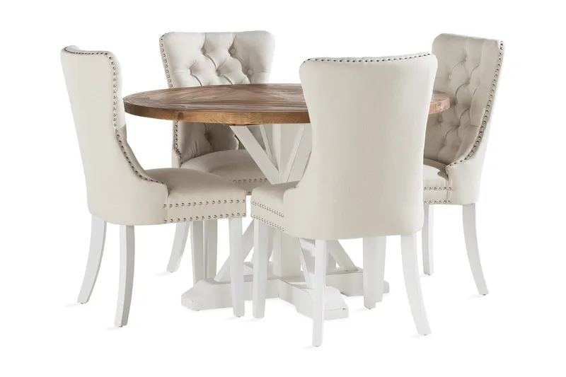 Lyon Spisebord 120 cm Rund med 4 Bergviken Spisebordsstol, Brun/Hvid