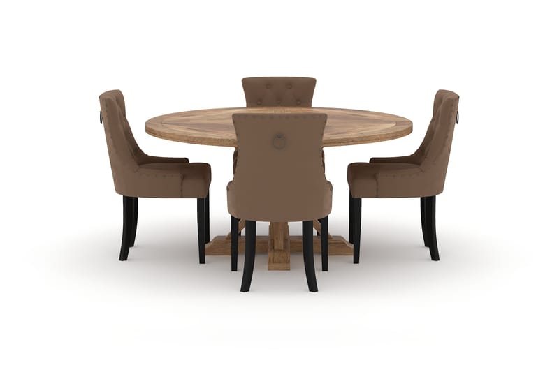 Lyon Spisebord 150 cm Rundt med 4st Viktoria Spisebordsstol - Brun - Spisebordssæt