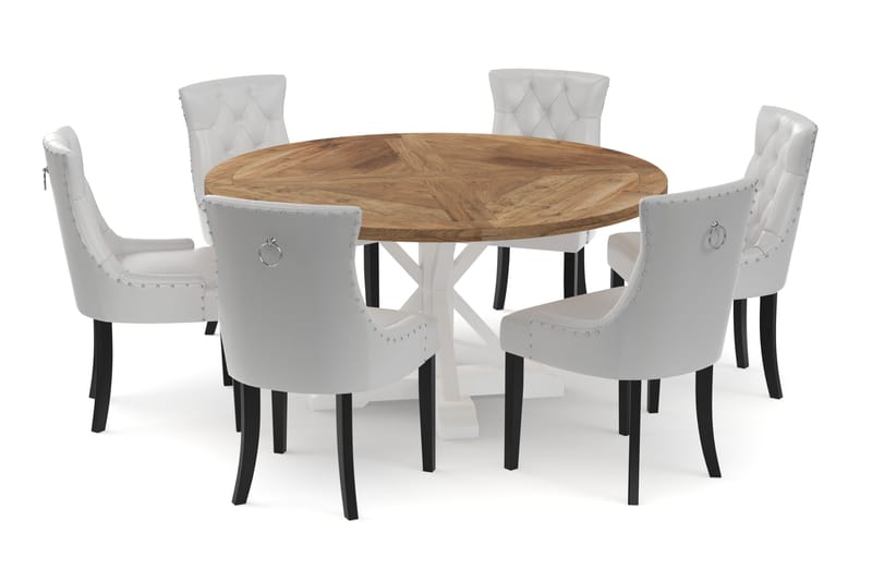 Lyon Spisebord 150 cm Rundt med 6st Tuva Spisebordsstole Kun - Natur/Hvid - Spisebordssæt