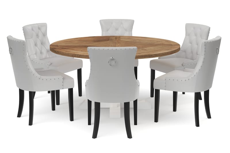 Lyon Spisebord 150 cm Rundt med 6st Tuva Spisebordsstole Kun - Natur/Hvid - Spisebordssæt