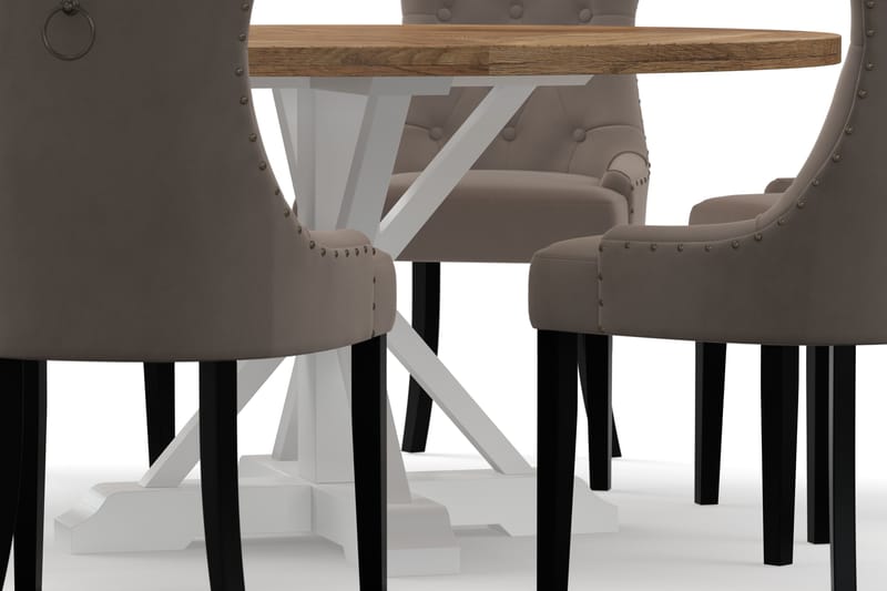Lyon Spisebord 150 cm Rundt med 6st Viktoria Spisebordsstol - Natur/Hvid - Spisebordssæt