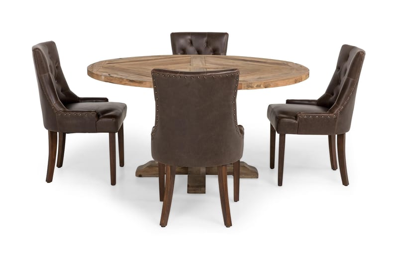 Lyon Spisebordssæt Ø150 cm Rund med 4 stk Tuva Stole - Vintage Elmetræ/Brun - Møbler - Borde - Spisebordssæt
