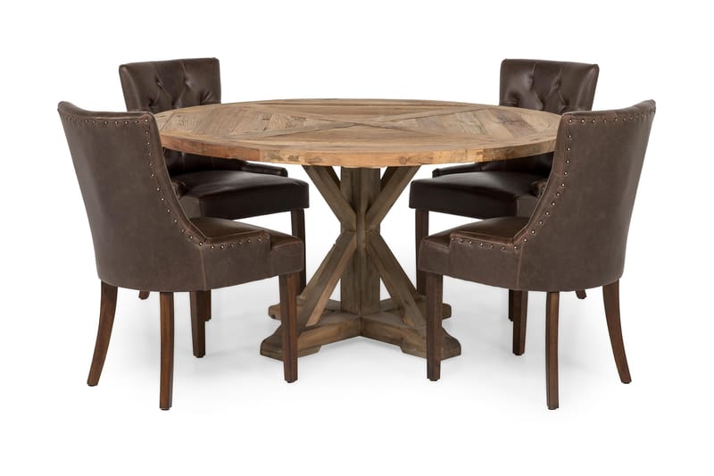 Lyon Spisebordssæt Ø150 cm Rund med 4 stk Tuva Stole - Vintage Elmetræ/Brun - Møbler - Borde - Spisebordssæt