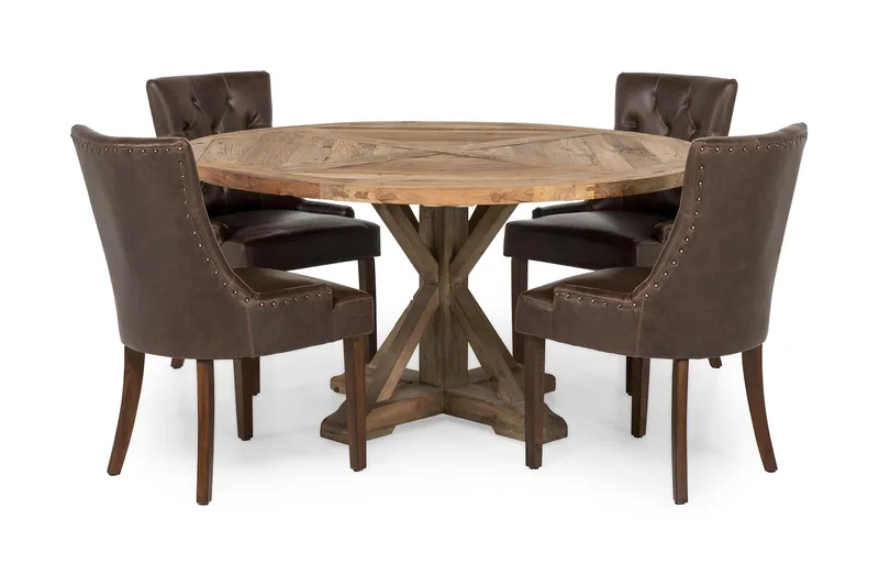 Lyon Spisebordssæt Ø150 cm Rund med 4 stk Tuva Stole, Vintage Elmetræ/Brun