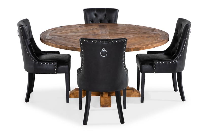Lyon Spisebordssæt Ø150 cm Rund med 4 stk Tuva Stole - Vintage Elmetræ/Sort - Spisebordssæt