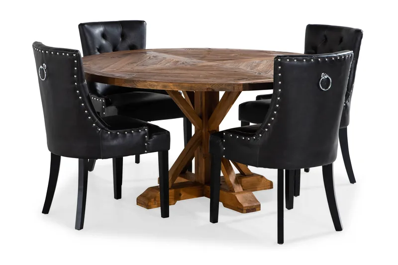 Lyon Spisebordssæt Ø150 cm Rund med 4 stk Tuva Stole, Vintage Elmetræ/Sort