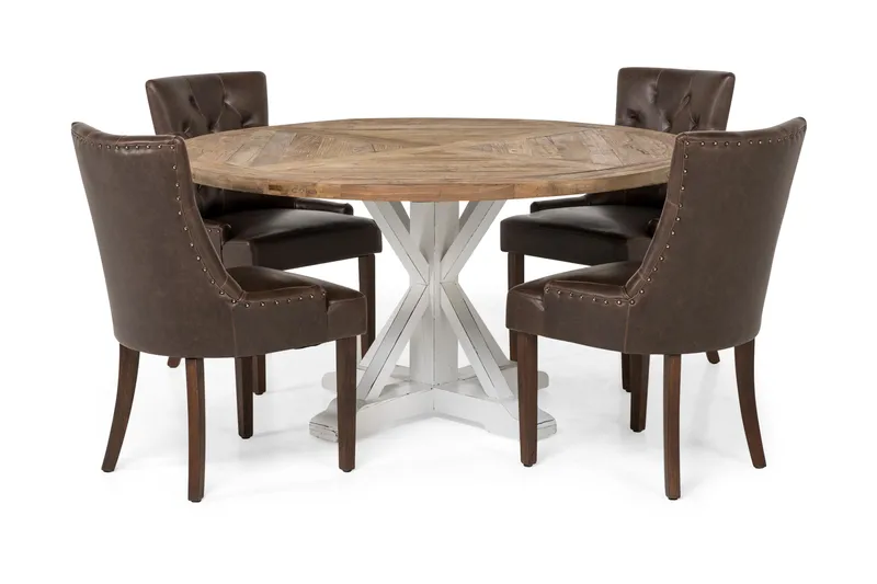 Lyon Spisebordssæt Ø150 cm Rund med 4 stk Tuva Stole, Vintage Natur/Hvid/Brun