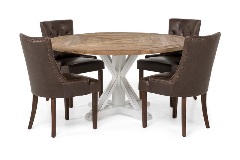 Lyon Spisebordssæt Ø150 cm Rund med 4 stk Tuva Stole - Vintage Natur/Hvid/Brun - Møbler - Borde - Spisebordssæt