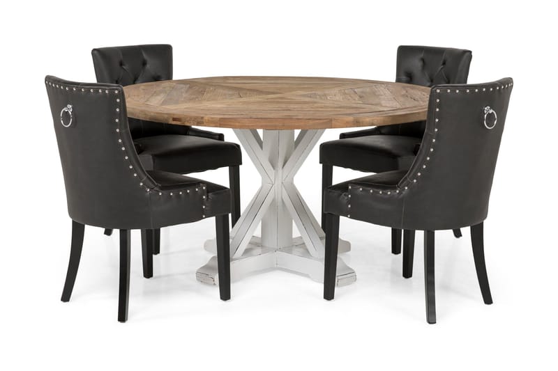 Lyon Spisebordssæt Ø150 cm Rund med 4 stk Tuva Stole, Vintage Natur/Hvid/Sort