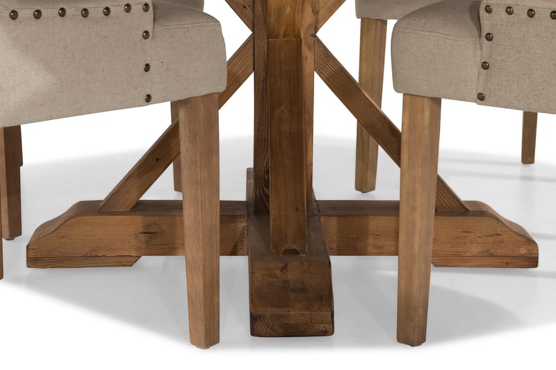 Lyon Spisebordssæt Ø150 cm Rund med 4 stk Viktoria Stole - Vintage Elmetræ/Beige - Spisebordssæt