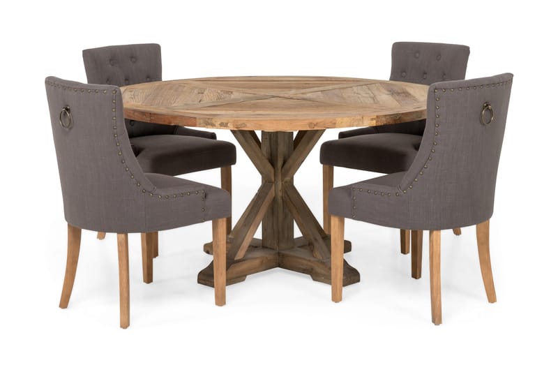 Lyon Spisebordssæt Ø150 cm Rund med 4 stk Viktoria Stole - Vintage Elmetræ/Grå - Møbler - Borde - Spisebordssæt