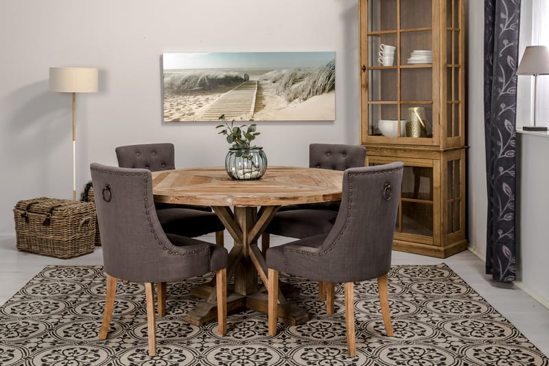 Lyon Spisebordssæt Ø150 cm Rund med 4 stk Viktoria Stole - Vintage Elmetræ/Grå - Møbler - Borde - Spisebordssæt