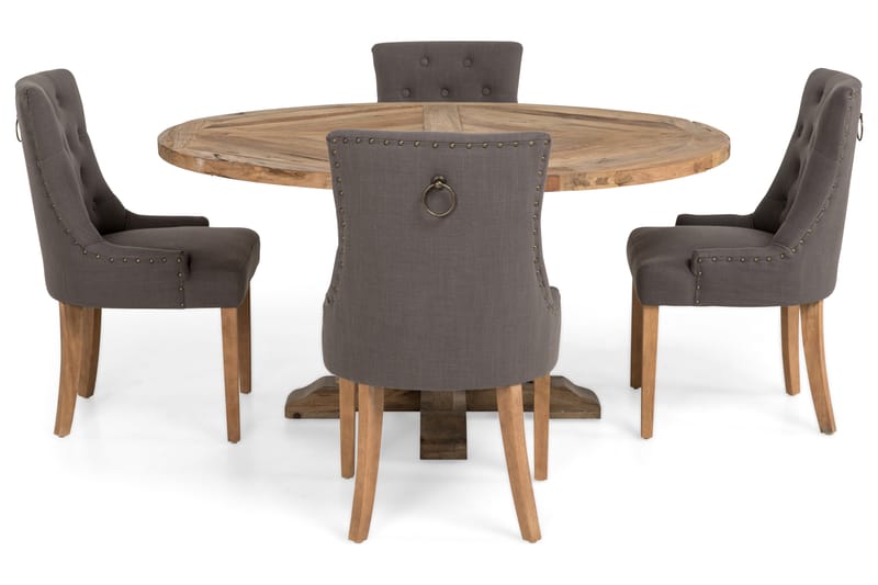 Lyon Spisebordssæt Ø150 cm Rund med 4 stk Viktoria Stole - Vintage Elmetræ/Grå - Møbler - Borde - Spisebordssæt