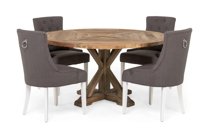 Lyon Spisebordssæt Ø150 cm Rund med 4 stk Viktoria Stole - Vintage Elmetræ/Grå/Hvid - Møbler - Borde - Spisebordssæt