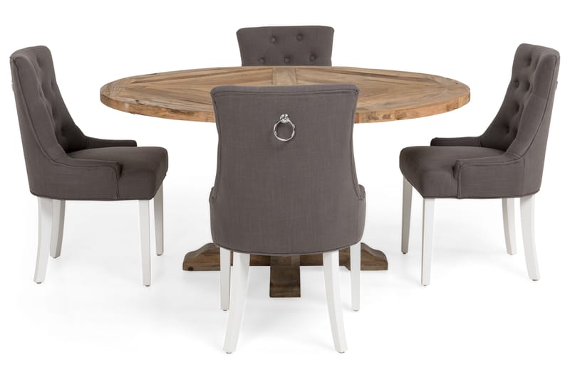 Lyon Spisebordssæt Ø150 cm Rund med 4 stk Viktoria Stole - Vintage Elmetræ/Grå/Hvid - Møbler - Borde - Spisebordssæt