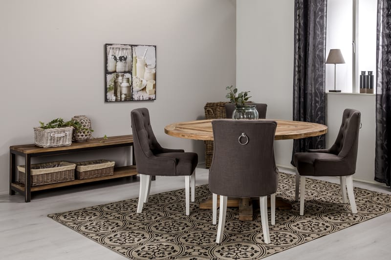Lyon Spisebordssæt Ø150 cm Rund med 4 stk Viktoria Stole - Vintage Elmetræ/Grå/Hvid - Møbler - Borde - Spisebordssæt