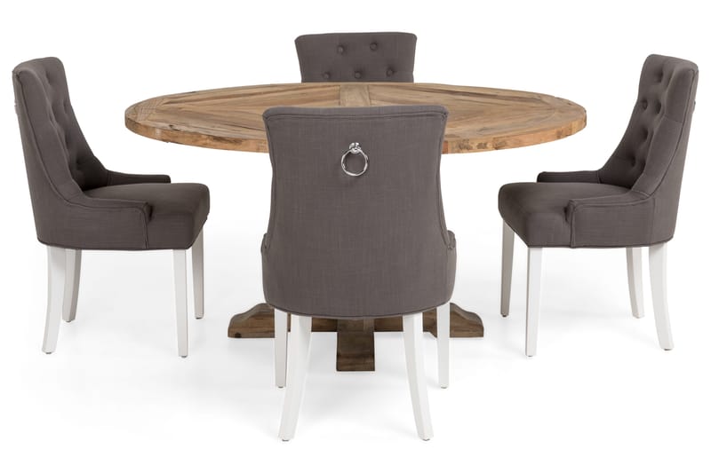 Lyon Spisebordssæt Ø150 cm Rund med 4 stk Viktoria Stole - Vintage Elmetræ/Grå/Hvid - Møbler - Borde - Spisebordssæt