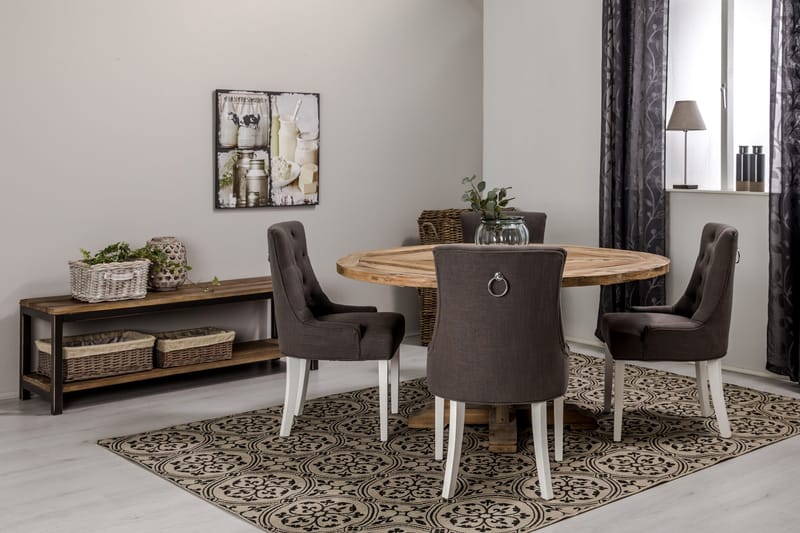 Lyon Spisebordssæt Ø150 cm Rund med 4 stk Viktoria Stole - Vintage Elmetræ/Grå/Hvid - Møbler - Borde - Spisebordssæt