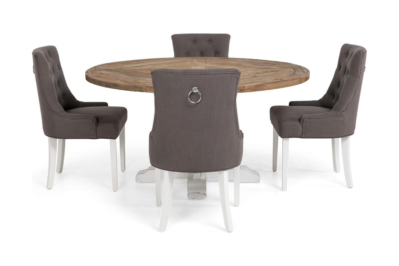Lyon Spisebordssæt Ø150 cm Rund med 4 stk Viktoria Stole - Vintage Natur/Hvid/Grå - Møbler - Borde - Spisebordssæt