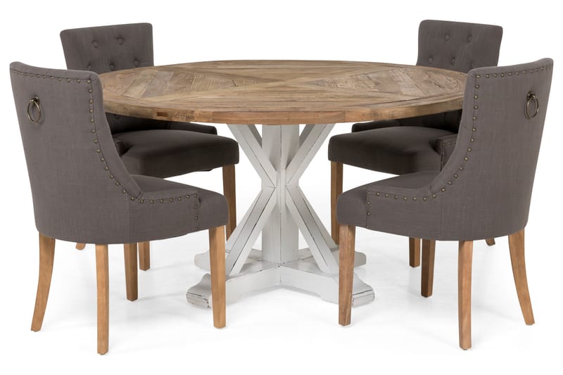 Lyon Spisebordssæt Ø150 cm Rund med 4 stk Viktoria Stole - Vintage Natur/Hvid/Grå - Møbler - Borde - Spisebordssæt