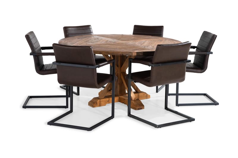 Lyon Spisebordssæt Ø150 cm Rund med 6 stk House Stole - Vintage Elmetræ/Mørkebrun - Spisebordssæt