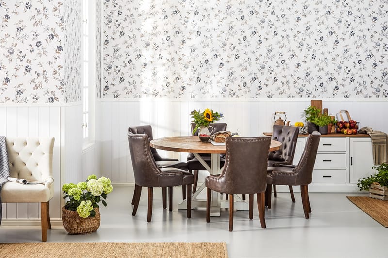 Lyon Spisebordssæt Ø150 cm Rund med 6 stk Tuva Stole - Vintage Natur/Hvid/Brun - Møbler - Borde - Spisebordssæt