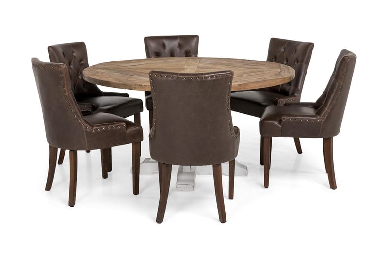 Lyon Spisebordssæt Ø150 cm Rund med 6 stk Tuva Stole - Vintage Natur/Hvid/Brun - Møbler - Borde - Spisebordssæt