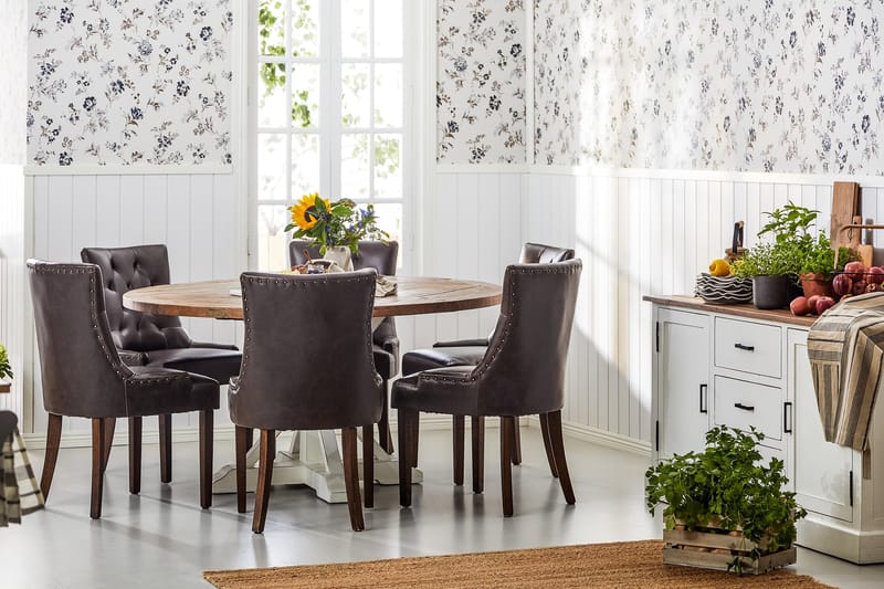 Lyon Spisebordssæt Ø150 cm Rund med 6 stk Tuva Stole - Vintage Natur/Hvid/Brun - Møbler - Borde - Spisebordssæt