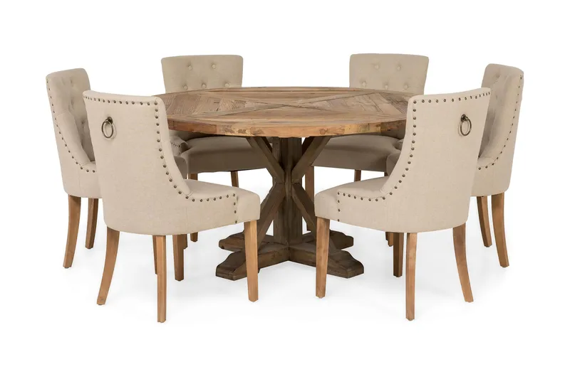 Lyon Spisebordssæt Ø150 cm Rund med 6 stk Viktoria Stole, Vintage Elmetræ/Beige