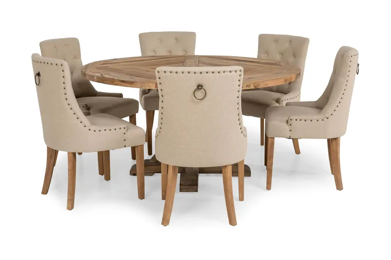 Lyon Spisebordssæt Ø150 cm Rund med 6 stk Viktoria Stole - Vintage Elmetræ/Beige - Møbler - Borde - Spisebordssæt