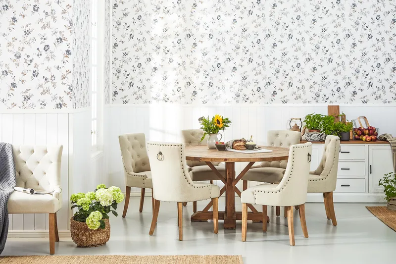 Lyon Spisebordssæt Ø150 cm Rund med 6 stk Viktoria Stole - Vintage Elmetræ/Beige - Møbler - Borde - Spisebordssæt