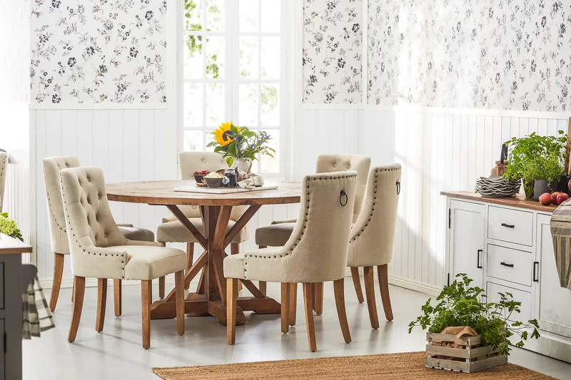 Lyon Spisebordssæt Ø150 cm Rund med 6 stk Viktoria Stole - Vintage Elmetræ/Beige - Møbler - Borde - Spisebordssæt