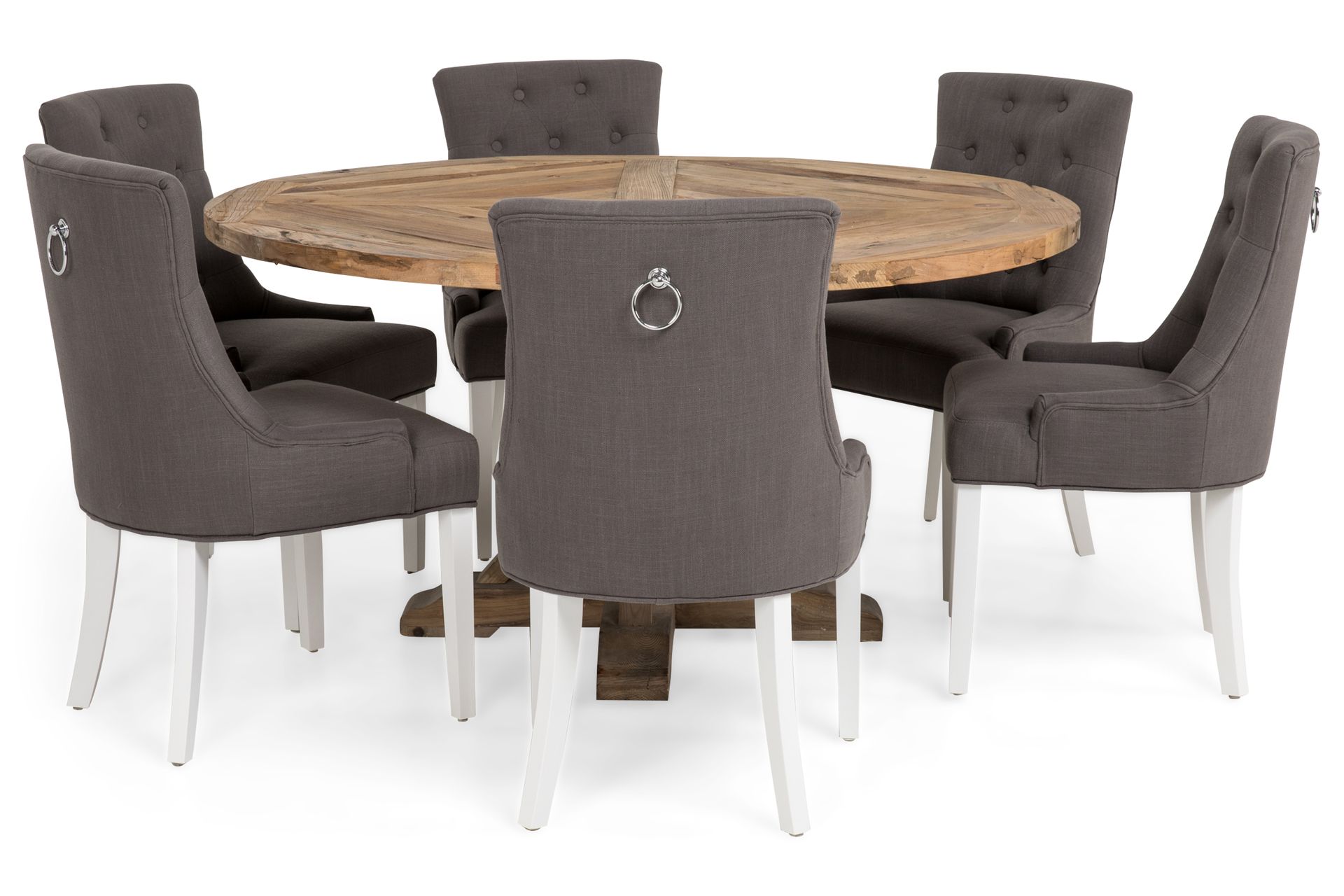 Lyon Spisebordssæt Ø150 cm Rund med 6 stk Viktoria Stole - Vintage Elmetræ/Grå/Hvid - Møbler - Borde - Spisebordssæt