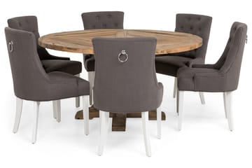 Lyon Spisebordssæt Ø150 cm Rund med 6 stk Viktoria Stole - Vintage Elmetræ/Grå/Hvid - Møbler - Borde - Spisebordssæt