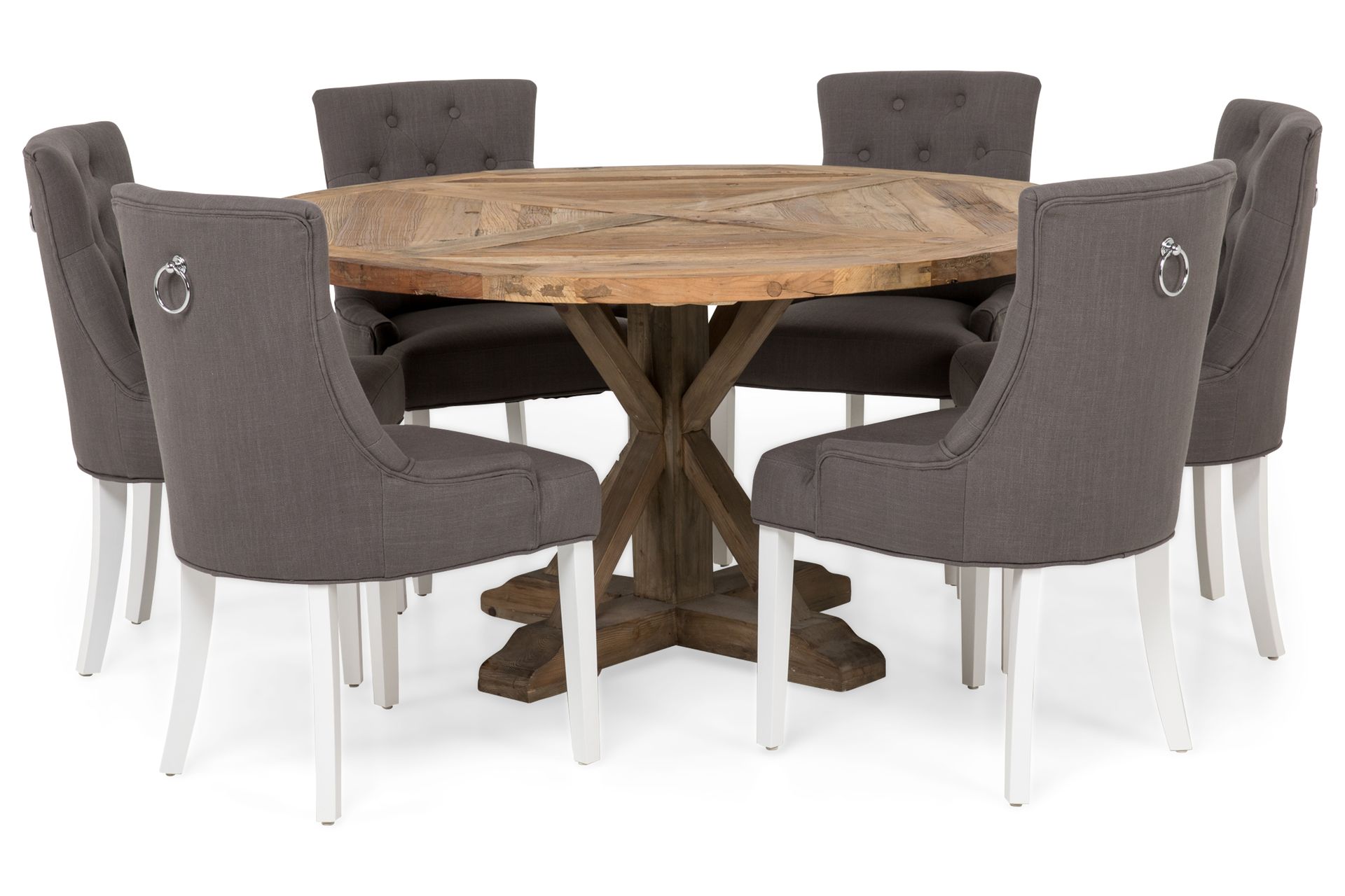 Lyon Spisebordssæt Ø150 cm Rund med 6 stk Viktoria Stole - Vintage Elmetræ/Grå/Hvid - Møbler - Borde - Spisebordssæt