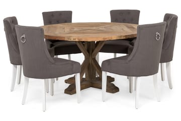 Lyon Spisebordssæt Ø150 cm Rund med 6 stk Viktoria Stole - Vintage Elmetræ/Grå/Hvid - Møbler - Borde - Spisebordssæt