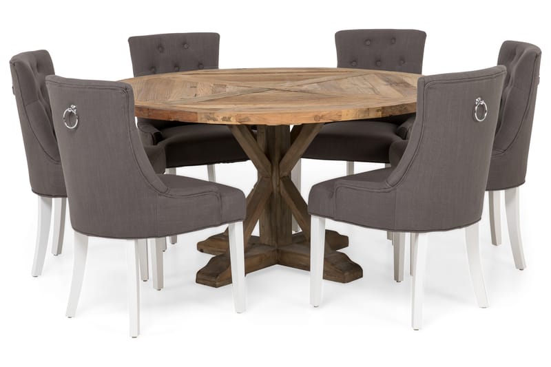 Lyon Spisebordssæt Ø150 cm Rund med 6 stk Viktoria Stole - Vintage Elmetræ/Grå/Hvid - Møbler - Borde - Spisebordssæt