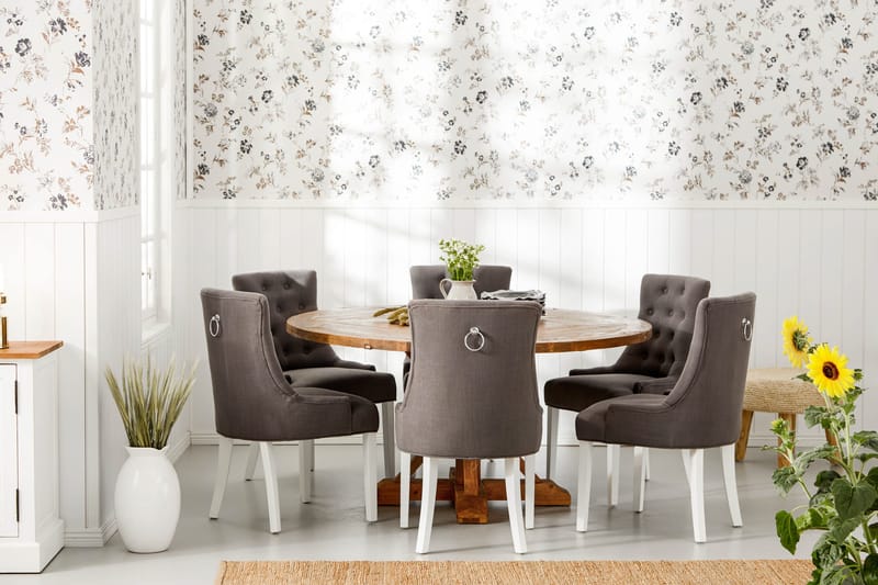 Lyon Spisebordssæt Ø150 cm Rund med 6 stk Viktoria Stole - Vintage Elmetræ/Grå/Hvid - Møbler - Borde - Spisebordssæt