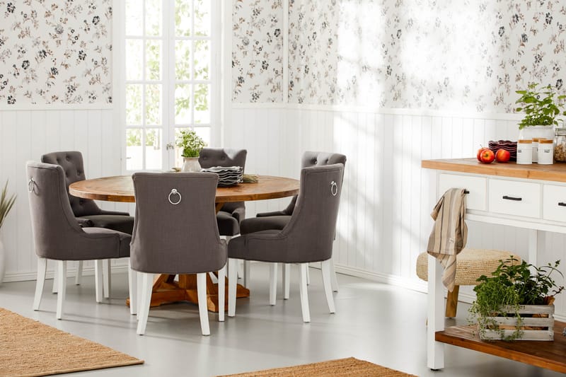 Lyon Spisebordssæt Ø150 cm Rund med 6 stk Viktoria Stole - Vintage Elmetræ/Grå/Hvid - Møbler - Borde - Spisebordssæt