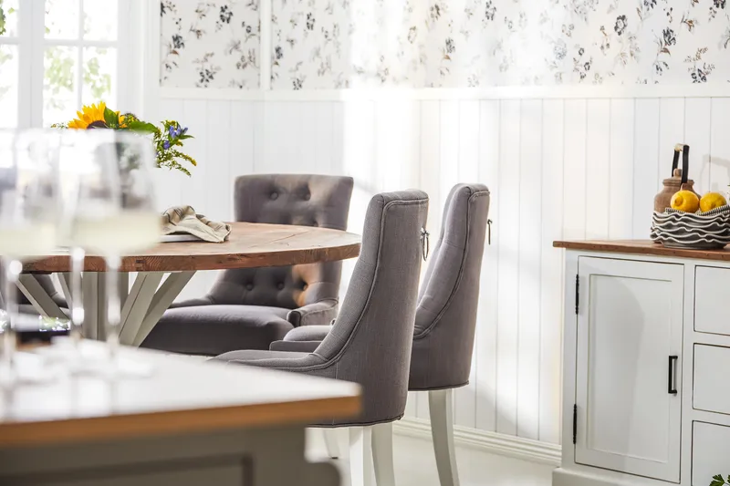 Lyon Spisebordssæt Ø150 cm Rund med 6 stk Viktoria Stole - Vintage Natur/Hvid/Grå - Møbler - Borde - Spisebordssæt