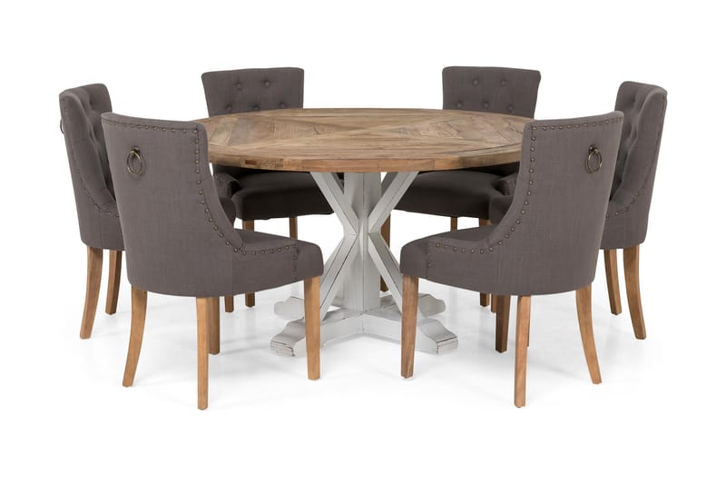 Lyon Spisebordssæt Ø150 cm Rund med 6 stk Viktoria Stole - Vintage Natur/Hvid/Grå - Møbler - Borde - Spisebordssæt