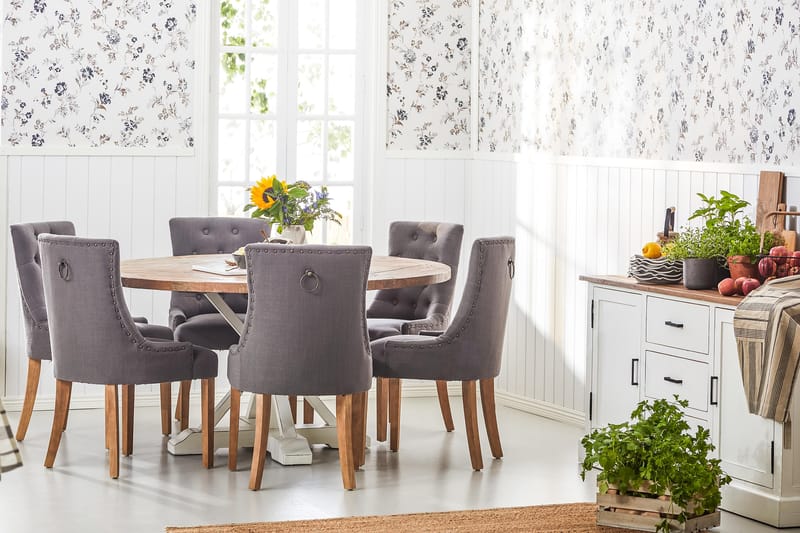 Lyon Spisebordssæt Ø150 cm Rund med 6 stk Viktoria Stole - Vintage Natur/Hvid/Grå - Møbler - Borde - Spisebordssæt