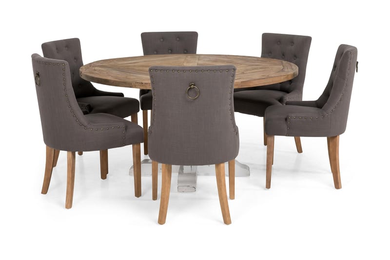 Lyon Spisebordssæt Ø150 cm Rund med 6 stk Viktoria Stole - Vintage Natur/Hvid/Grå - Møbler - Borde - Spisebordssæt
