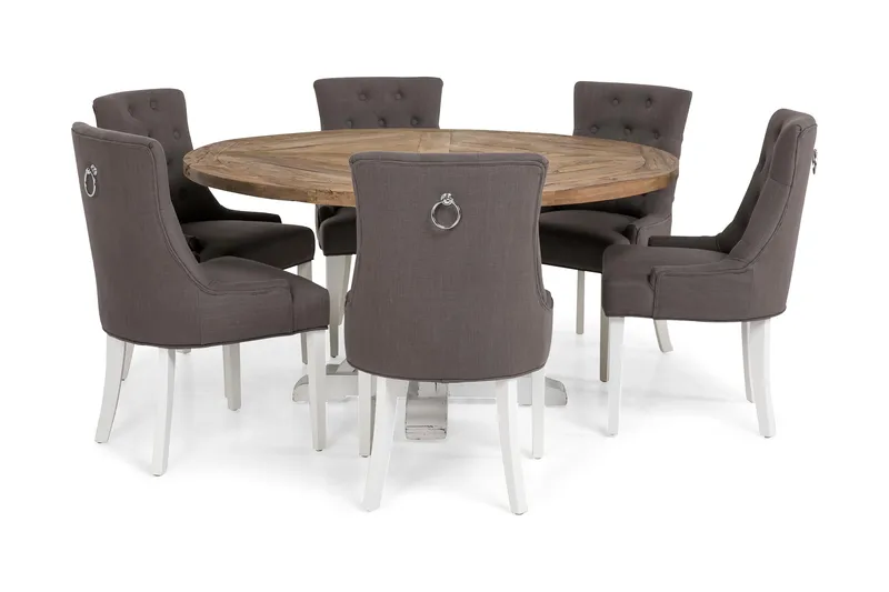 Lyon Spisebordssæt Ø150 cm Rund med 6 stk Viktoria Stole - Vintage Natur/Hvid/Grå - Møbler - Borde - Spisebordssæt