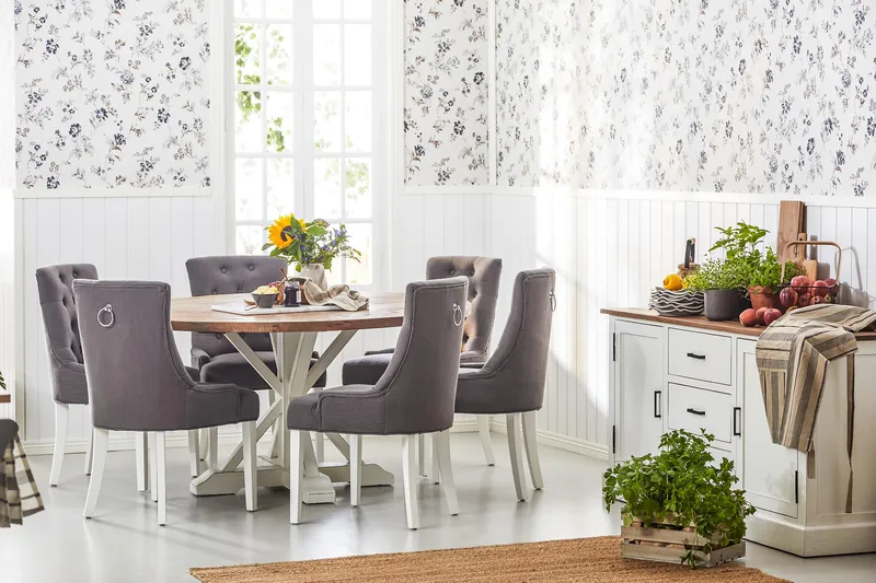 Lyon Spisebordssæt Ø150 cm Rund med 6 stk Viktoria Stole - Vintage Natur/Hvid/Grå - Møbler - Borde - Spisebordssæt