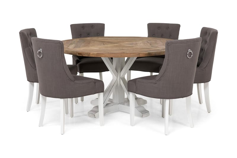 Lyon Spisebordssæt Ø150 cm Rund med 6 stk Viktoria Stole, Vintage Natur/Hvid/Grå