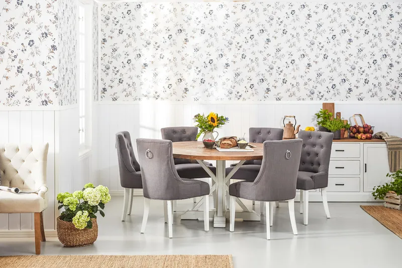 Lyon Spisebordssæt Ø150 cm Rund med 6 stk Viktoria Stole - Vintage Natur/Hvid/Grå - Møbler - Borde - Spisebordssæt