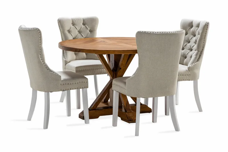 Lyon Spisebordssæt 120 cm Rund inkl 4 Bergviken Stole, Brun