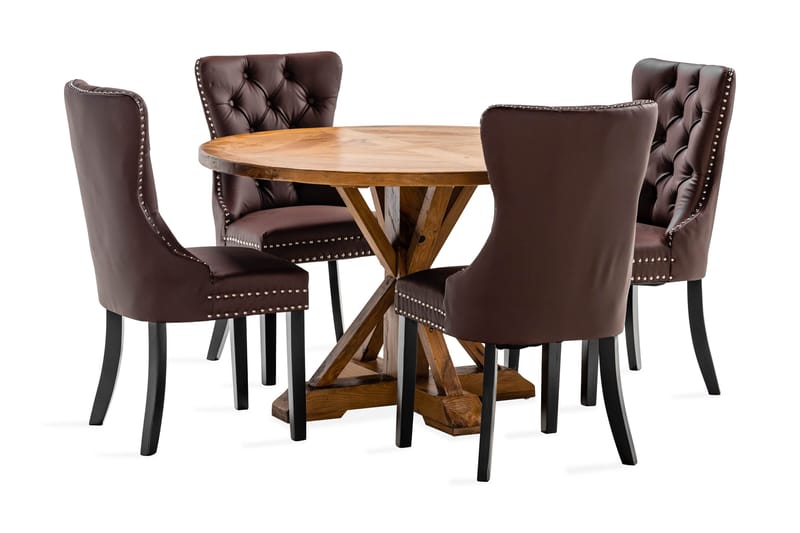 Lyon Spisebordssæt 120 cm Rund inkl 4 Bergviken Stole Kunstl, Brun